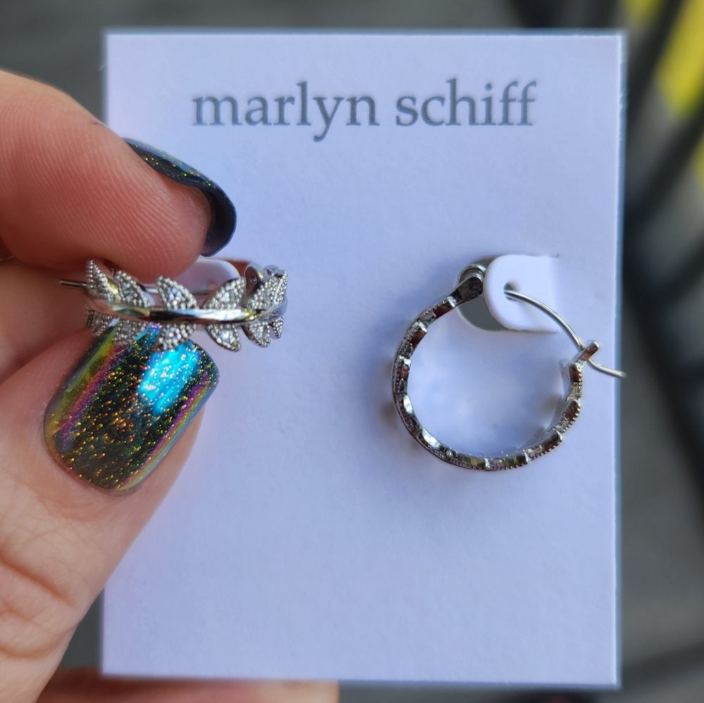 (5 For $25) New On Card Marlyn Schiff Silver Leaf CZ Dainty Hoop Earrings